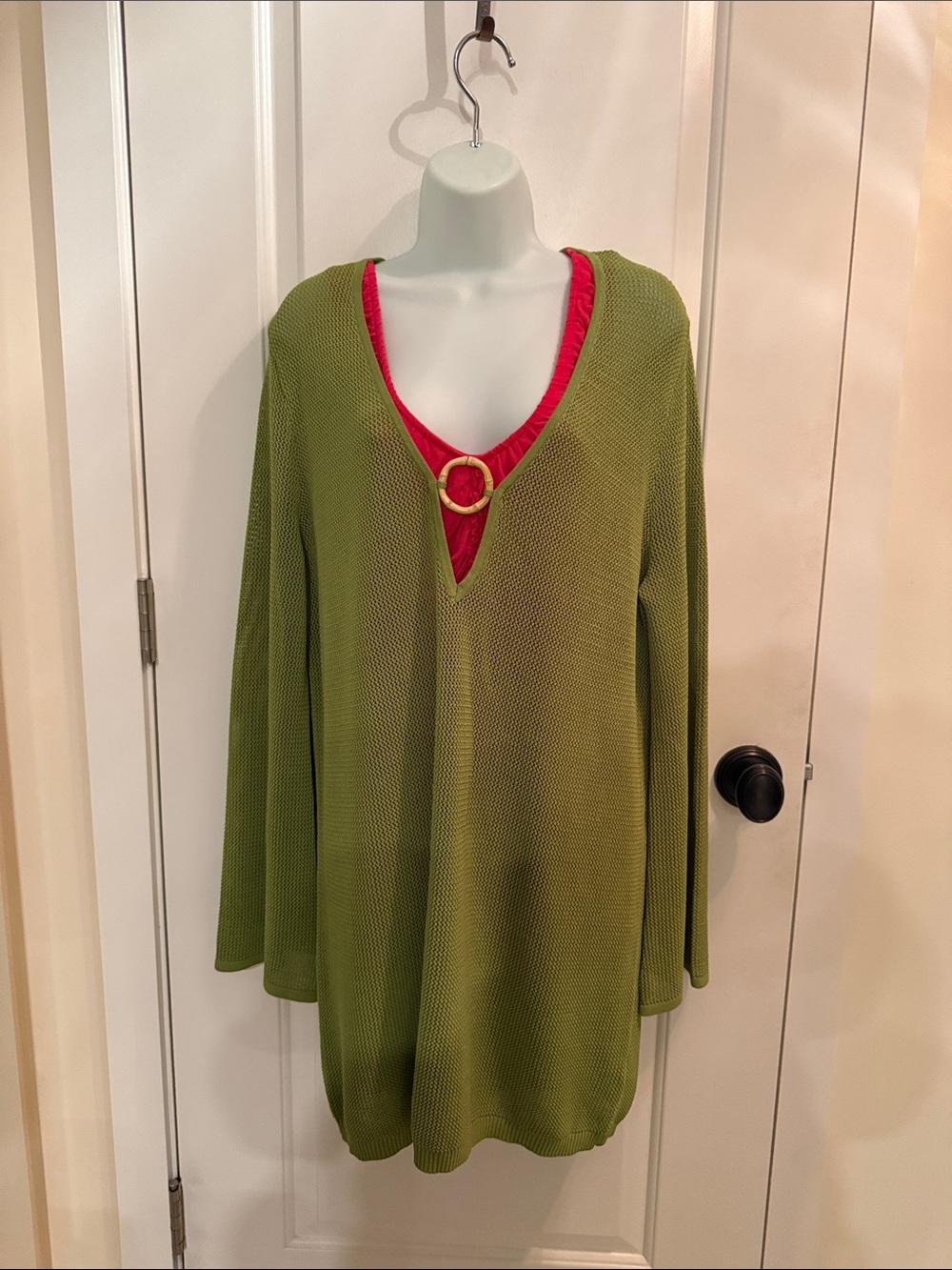 House of Harlow 1960 Lime Green Knit Top with Pink Trim and Gold Ring